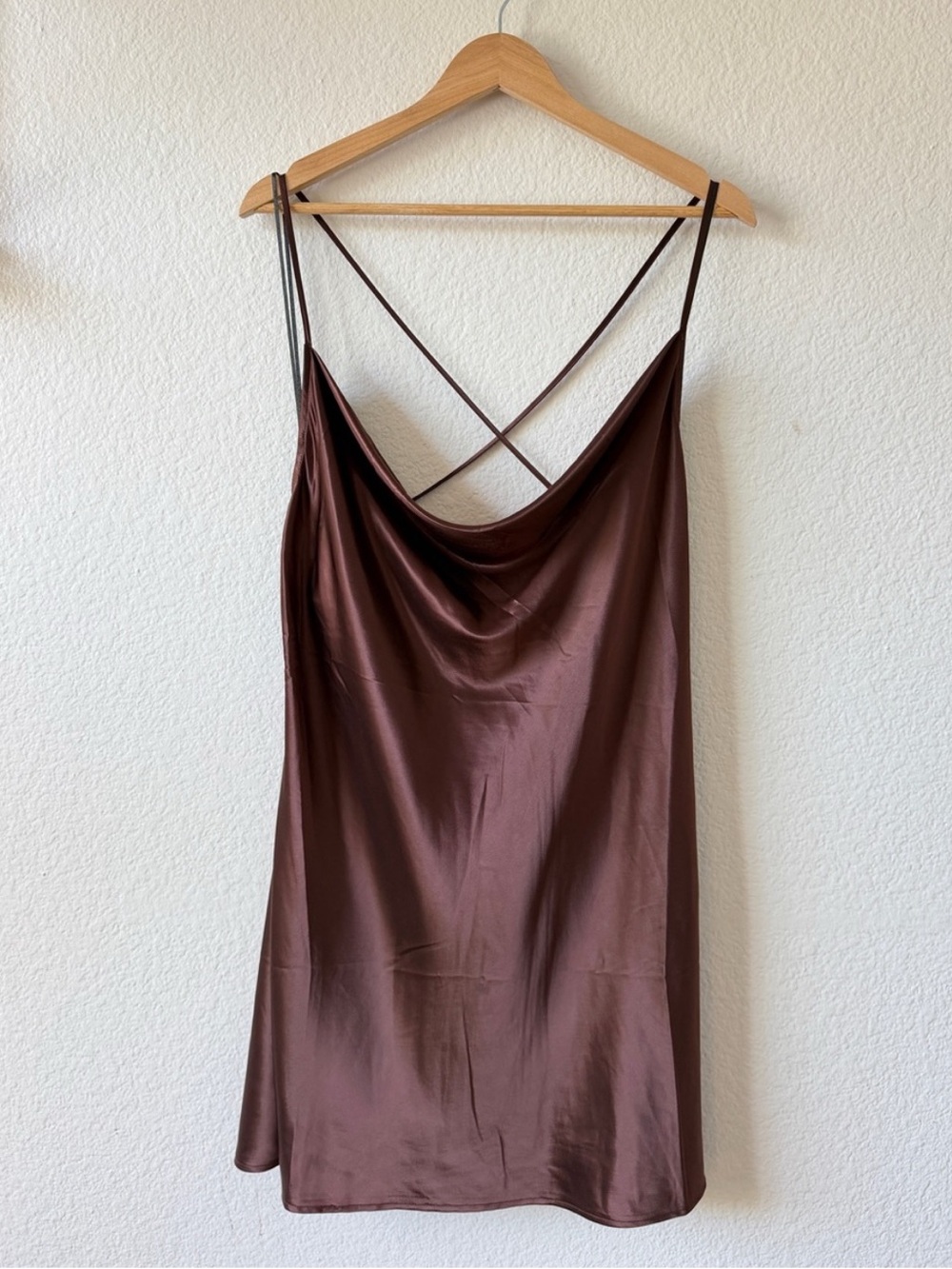 H&M Satin Cowl Neck Mini Dress in Chocolate Brown